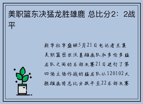 美职篮东决猛龙胜雄鹿 总比分2：2战平