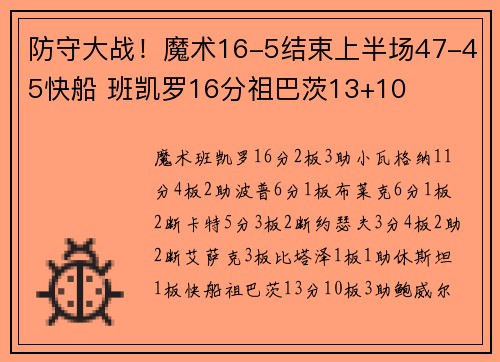 防守大战！魔术16-5结束上半场47-45快船 班凯罗16分祖巴茨13+10